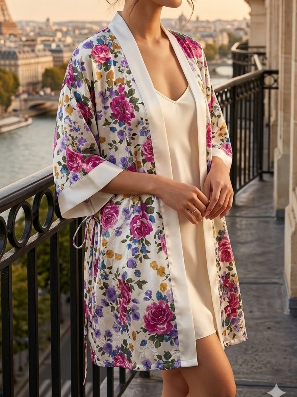 🎀Floral Satin Kimono Robe in Cream & Pink